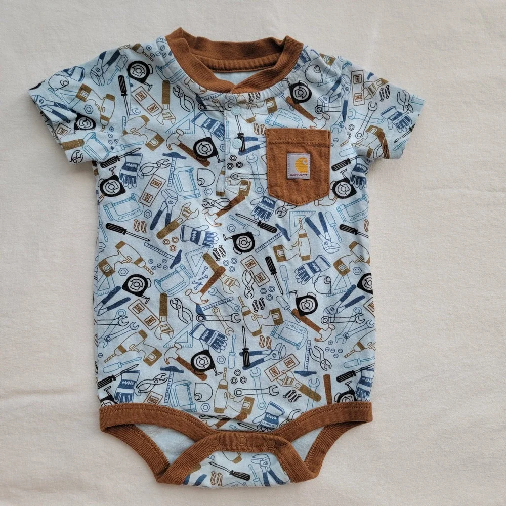 Carhartt Baby Boys Tool Print Henley Bodysuit Blue Brown 9M Snap Romper